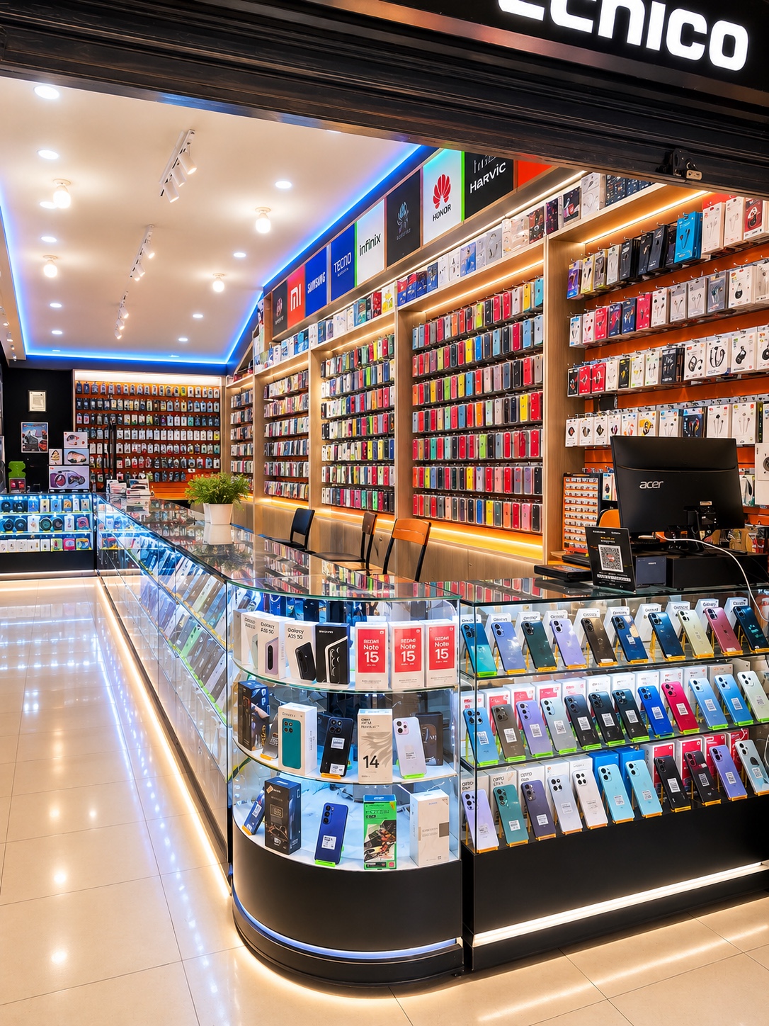 Interior de CeluMovil Shop con vitrinas de celulares y accesorios