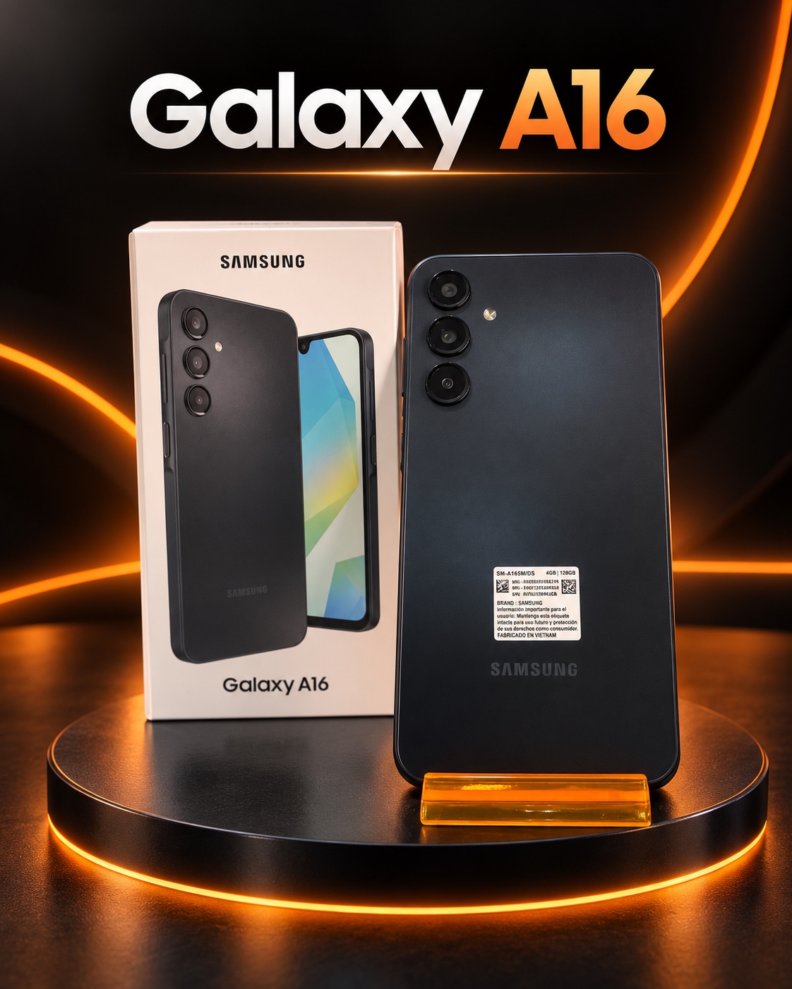 Samsung Galaxy A16 negro y su caja
